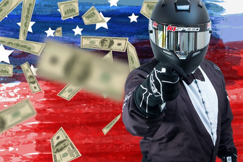 featured image with kae juan in tuxedo racing suit pointing while american flag and money is in background