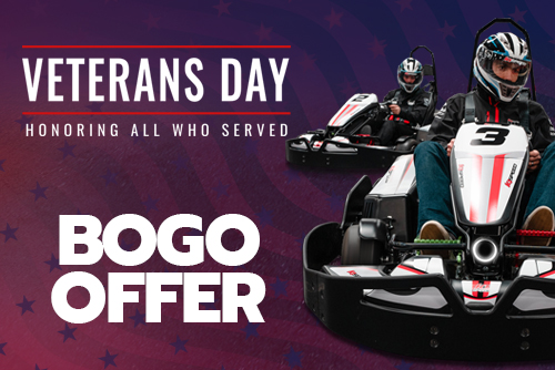 go karts with text reading "veterans day bogo offer"