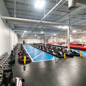 rows of go karts line up in the pits at k1 speed traverse city