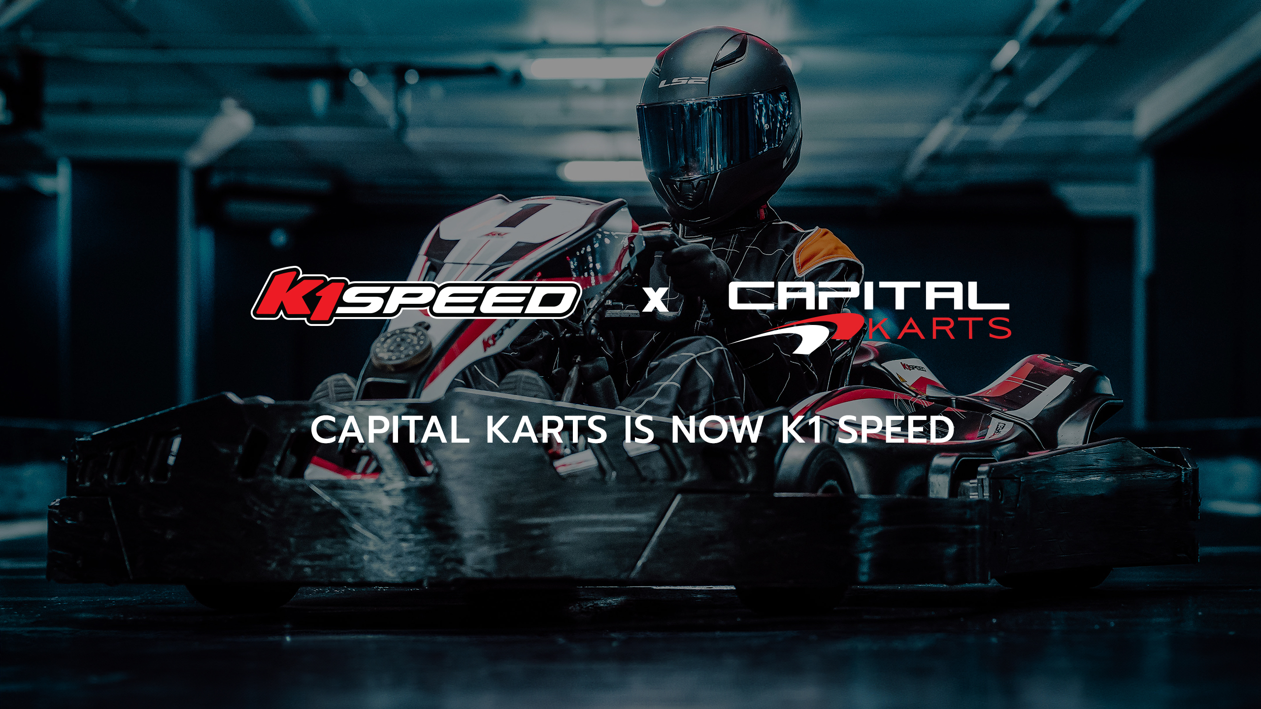 man sits in a go kart, text over image reads "k1 speed + capital karts, capital karts is now k1 speed"