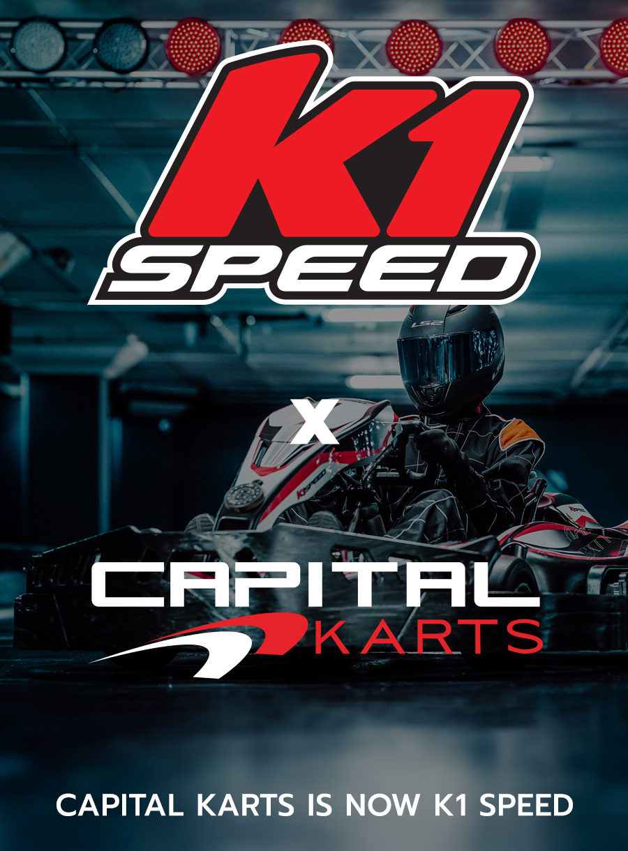 man sits in a go kart, text over image reads "k1 speed + capital karts, capital karts is now k1 speed"