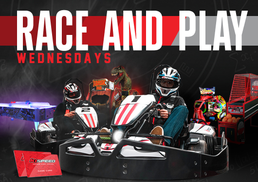 graphic with two go karts, arcade games, membership card, and text reading "race and play wednesdays"