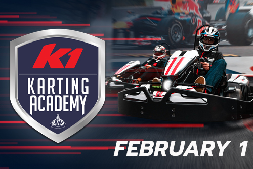 k1 karting academy logo with date of february 1st and image of go karts